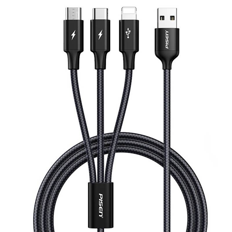 IPC02262025046-01.jpg 充電ケーブル 3A 3in1 USB Type-C 高耐久ナイロン ケーブル 1.2m 急速充電 Android用 micro USB Type-C 急速充電ケーブル Pisen USBケーブル ライトニングケーブル 全3色 SKU:IPC02262025046 - Image 1