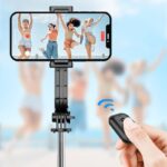 三脚付き自撮り棒 C01S  スマホスタンド  補光ライト付き 三脚ホルダー  スマホ用クリップ スマートフォンホルダー 1000mmまで伸びる  リモコン付き  Black SKU:IPC09102024024 - Image 6