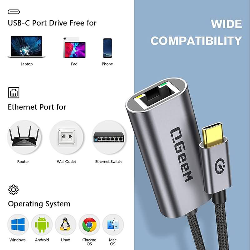 QGeem USB-C USB-A 3.0 LAN ポート Type-C タイプC 有線LAN RJ45 ジャック イーサーネット 変換アダプター